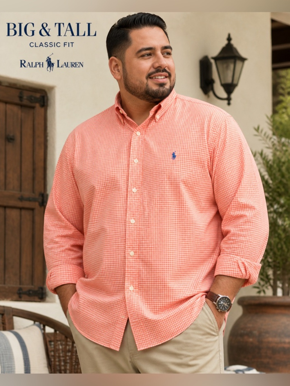 Ralph Lauren Classic Big/Tall Button Down Shirt Mens XXL Coral Gingham Plaid